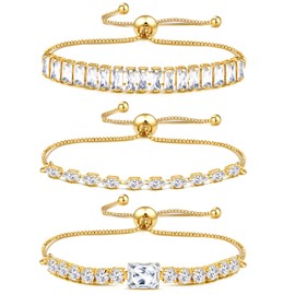 JeweBella 3 Pcs Silver Bracelet for Women Dainty Tennis Bracelets Set Diamond Cubic Zirconia Adjustable Slider Bracelet Stack Silver Gold Bracelets
