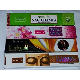 Nandita Incense Sticks--ORGANIC NAG CHAMPA, FLORAL VALLEY, BLACK GOLD, MANTRA MEDITATION with London Coaster By Sterling Effectz (SE11)