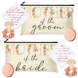 Y1tvei 8Pcs Mom Flower Mother of the Groom and Bride Gifts Set Mother of the Bride Canvas Cosmetic Bag Small Makeup Mirror Handkerchief Rose Gold Scrunchies Engagement Wedding Gifts for Mother in Law