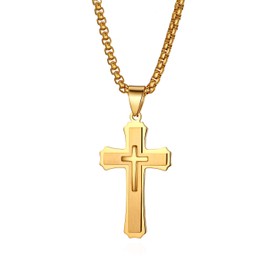 JewelryWe Men's Christ Cross Crucifix Metal Pendant Stainless Steel Necklace With Wheat Chain,22 Inch(Gold)