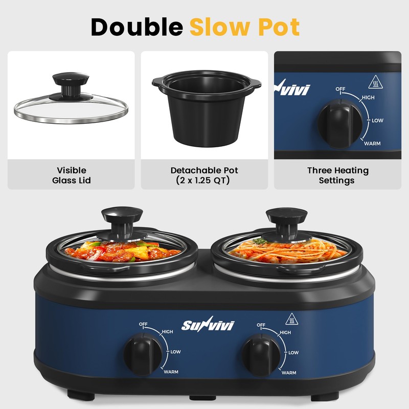 SUNVIVIPRO Double Slow Cooker,2 Removable Pots Small Mini Crock Buffet
