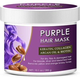 Keratin Collagen Purple Hair Mask with Biotin & Argan Oil, Neutralizes Yellow & Orange Brassy Tones for Blonde, Sliver & Bleached Hair, Hydrating Repair for Dry, Frizzy & Damaged Hair, 10.1 oz (Mask)