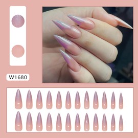 24 Pcs Almond Press on Nails Long Fake Nails Nude Pink Gradient French Nails with Simplicity Designs Glitter Nails Stick on Nails Reusable Nails for Women Manicure False Nails Kit