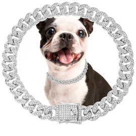 Silver Dog Cat Chain Collar Necklace with Diamond Pendant K Metal Cuban Link Chains Pet Gold Crystal Collar Necklaces Accessories for Cats Puppy Dogs(8inch)