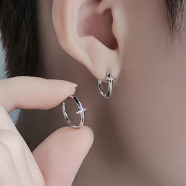 Star Small Hoop Earrings for Men Women Silver Stainless Steel Engraved Simple Kpop Aesthetic Edgy Cross Huggie Small Hoop Earrings Lightweight Jewelry Sensitive Ears Easy Clasp (Silver)