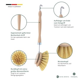 Set of 4 Wooden Washing Up Brushes - Wooden Washing Up Brushes with Natural Bristles Made of Fibre and Wooden Handle - Wooden Dish Brush with Interchangeable Head/Replacement Head Natural - Brushes