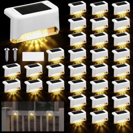 32 Pcs Solar Deck Lights Outdoor, Waterproof LED Solar Step Fence Lights for Stairs, Step, Railing, Patio, Driveway, Garden, Pathway and Yard(White Shell Warm White Light)