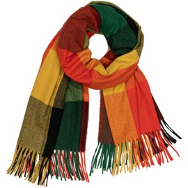 Caspar SC510 Women's Large XL Fringe Checked Pattern Winter Scarf, Green, orange, yellow
