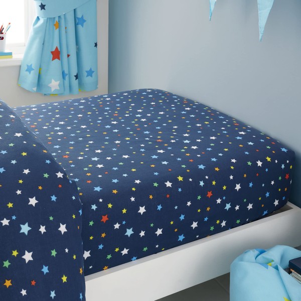 Happy Linen Company Girls Boys Kids Multi Stars Navy Blue Toddler Cot Bed Fitted Sheet
