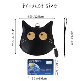 Andiker Coin Purse, Cute Cat Shape Small Wallet with Zipper Closure, PU Leather Keychain Wallet with 40 CM Neck Cord for Women (Black)