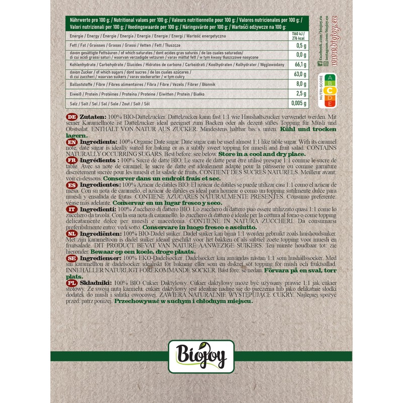 Biojoy Organic Date Sugar, Unrefined and Natural, from Deglet Nour,
