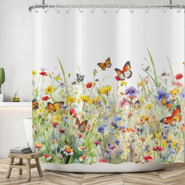 ASDCXZ Flower Shower Curtain 180x200 cm, Spring Yellow Purple Rose Colorful Flowers Butterfly White Washable Shower Curtains Polyester Textile Waterproof Bath Curtain for Bathtub with 12 Hooks
