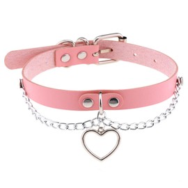 Love Heart Pink Collar Soft PU Choker Necklace Set with Chains for Cat Pet Cosplay Novelty Jewelry Gift Adjustable 11-15 inches (Pink)