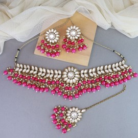 I Jewels Womens Gold Plated Indian Wedding Bollywood Kundan & Pearl Choker Necklace Earring & Maang Tikka Ethnic Jewellery Set Gift (K7232-1) () Rani Pink