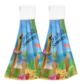 Oarencol It's 5 O'clock Somewhere Kitchen Hand Towel Summer Parrot Pineapple Bird Tropical Fruit Banana Absorbent Hanging Tie Towels with Loop for Bathroom 2 Pcs