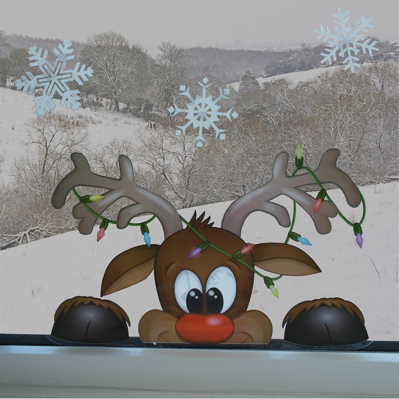 Peeping Santa and Rudolph Window Clings – With 28 Snowflakes