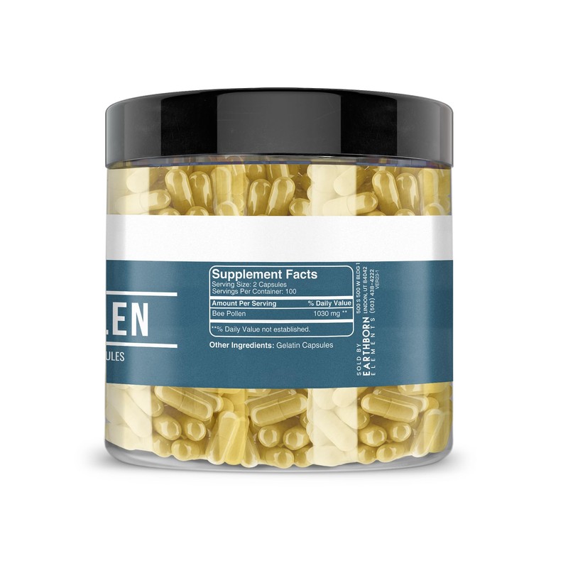 Earthborn Elements Bee Pollen 200 Capsules, Pure & Undiluted, No