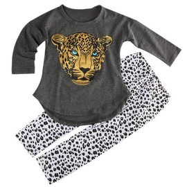 ggudd Girl's Leopard Printed Long Sleeve Tops and Leggings Pants 2Pcs Outfits (Grey,9-10 Years)