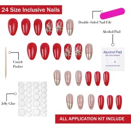 French Tip Press on Nails Medium Almond OFDNE 3D Fake Nails Red False Nails with Designs Gold Bow Stars Rhinestones Glossy Glue on Nails Acrylic Nails for Women Girls 24Pcs