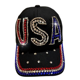 Popfizzy Rhinestone Baseball Cap for Women and Girls, Cute Bedazzled Hats, Shiny Bling Denim and Diamond Hat, USA Black