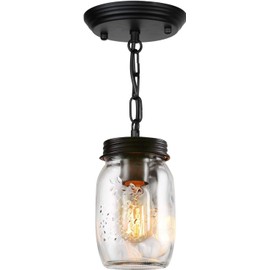 Jasopaco Glass Mason Jar Light Fixtures Single Pendant Ceiling Light 1-Light Flush Mount Black Country Farmhouse Lights for Kitchen Dining Room Foyer Stairway Hallway Entryway Porch…