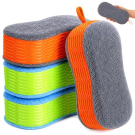 Singhoow 4 Pack Large Microfiber Car Wash Sponges, Cleaning Extra Thick Multi-Purpose Non Scratch Dual-Sided Scrub Pad Reusable Pad for Car, Trucks, Suvs, Boat, Bathroom, Kitchen(Green & Orange)