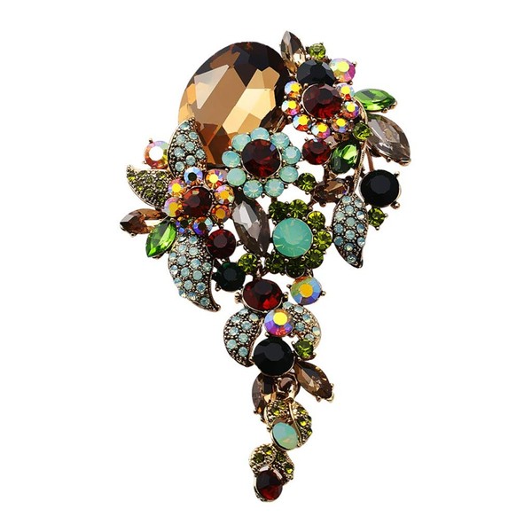 Large Pin Brooch Women Vintage Antique Jewelry Crystal Diamond Stitching Color Sweater Chain Brooch Corsage Accessories Buckle (Color: A)