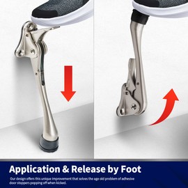 HOME&I Kickdown Door Stopper, 6-Inch Commercial Heavy Duty Door Stop Holder Kick Door Kickstand Height-Adjustable Rubber Foot (Satin Nickel, 6 Inch x 2 Pack)
