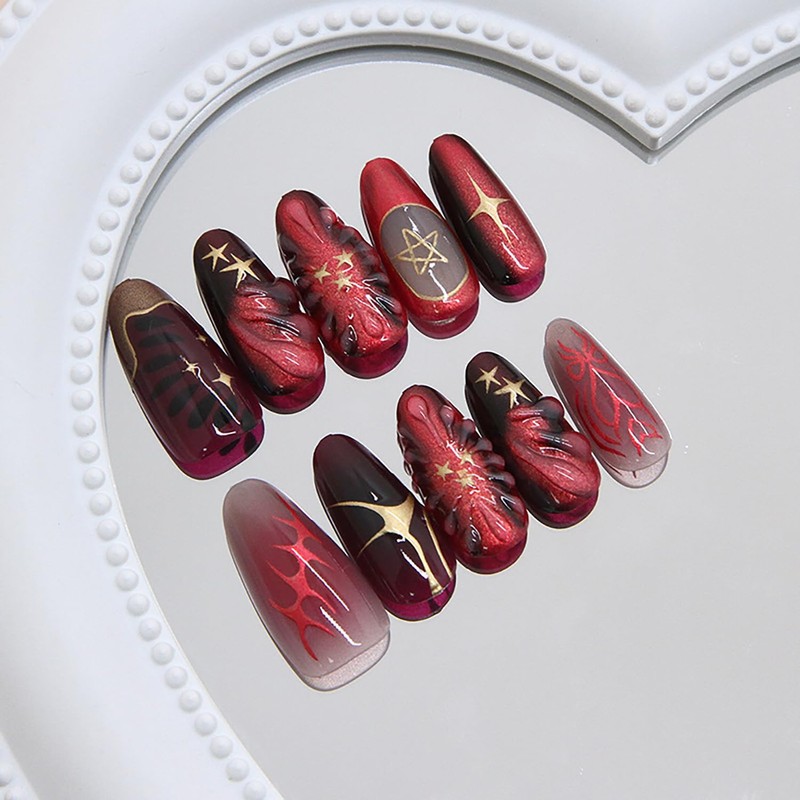 24Pcs Red Press on Nails Medium Almond Fake Nails with