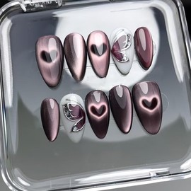 Mkwntg 24Pcs Heart Bling Press on Nails Medium Almond Fake Nails with Silver Butterfly Design Glitter Eyes Full Cover Acrylic Nails False Nails Dark Red Y2K Goth Glossy Stick on Nails for Women Decor