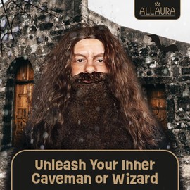ALLAURA - Brown Wizard Wig and Beard Set - Mens Viking Wig Character - Fake Wizard Beard Mustache Fits Adult Men