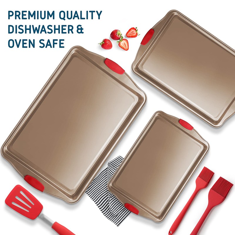 Baking Sheet Set, 3-Piece Cookie Sheet Set with Silicone Handles,