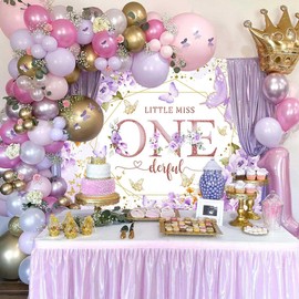 Sensfun Little Miss Onederful Backdrop Butterfly 1st Birthday Decorations for Girls Purple Floral Gold Glitter Dots Photoshoot Banner First Bday Photography Background Dessert Table Supplies 7x5ft