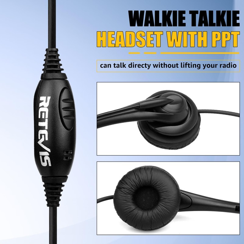 Retevis Passive Noise Cancelling Overhead Headset, Walkie Talkie Earpiece with