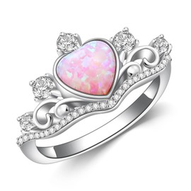 Shroova 925 Sterling Silver Heart Pink Opal Ring with Zircon Crown Shape Statement-rings Opal Jewelry Birthday Gifts for Women Her(Size9)