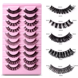 Strip Lashes False Lashes 10 Pairs 5 Styles Natural Look Clear Band Light Weight Wispy Faux Mink Russian Strip Lashes D Curl 3D Crisscross Multi-Layers False Fake Eyelashes