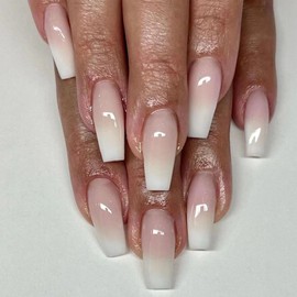 Coffin Press on Nails Medium Fake Nails with Daily Wear Simple Designs Pink & White Gradient Full Cover Glue on Nails Glossy False Nails Press ons for Women 24 Pcs