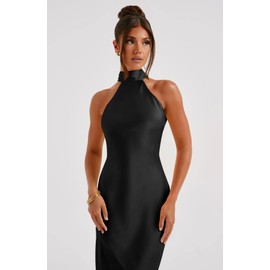 Memoriesea Women's Sexy Satin High Split Sleeveless Backless Party Wedding Maxi Dress Black