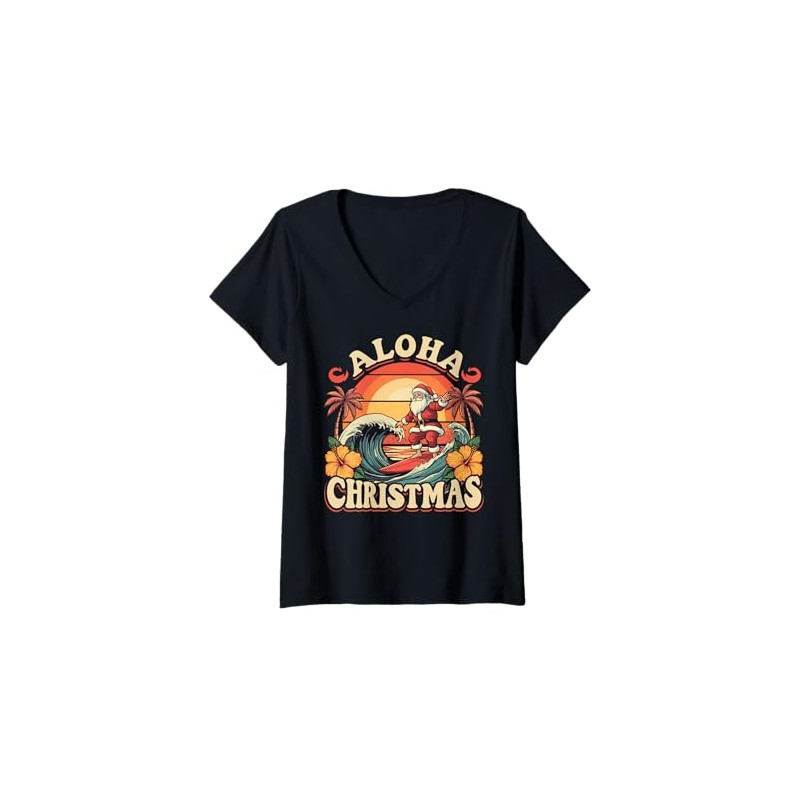 Women's Aloha Christmas V-Neck T-Shirt, black