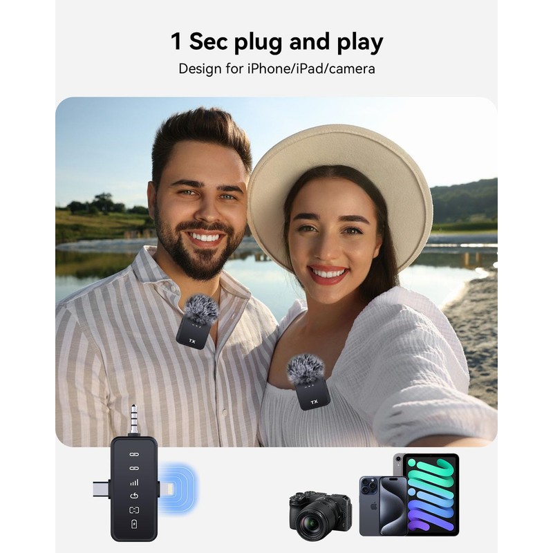 PQRQP 3 in 1 Microphone for iPhone/Android/Camera, Wireless Lavalier Microphone,