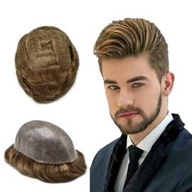 Healthlif Toupee For Men Hair Pieces Full Poly Thin Skin Mens Toupee Human Hair Replacement Systems Hairpieces For Men Male Prosthesis Toupee7X9-120% medium light density#17 Dark Ash Blonde