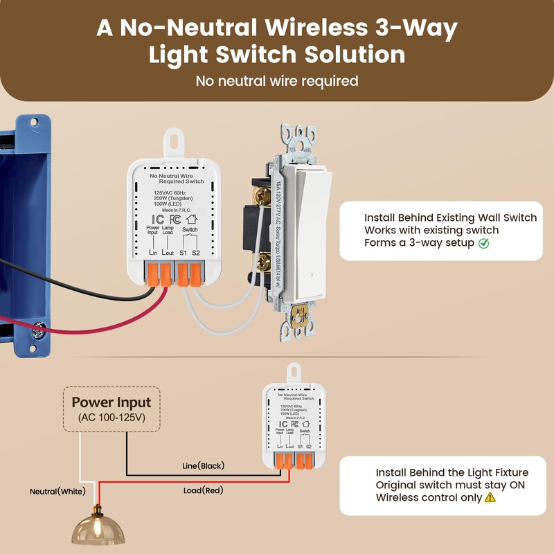 SURAIELEC Upgrade 3-Way Wireless Light Switch and Receiver Kit, Works