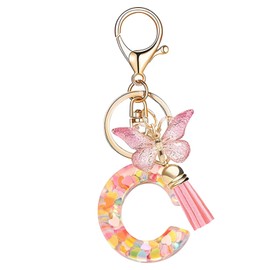 Nodigao Keyring with Loops for Girls Women with Tassels Pink Butterfly Letter Key Bag Charm, c