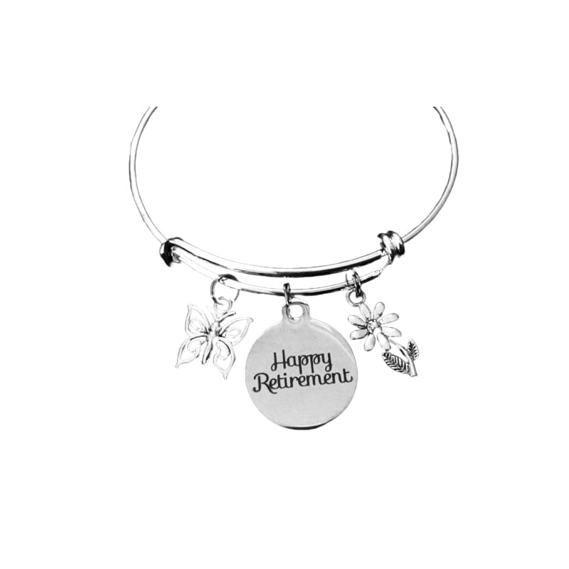 Happy Retirement Butterfly Daisy Flower Expandable Silver Charm Bracelet Adjustable