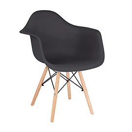 CangLong Natural Wood Legs Mid Century Modern DSW Molded Shell Lounge Plastic Arm Dining-Chairs, Set of 1, Black