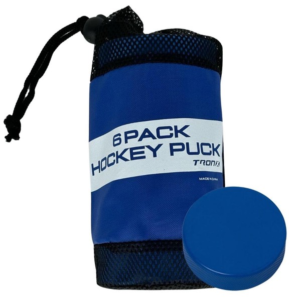 TronX Youth Mite Ice Hockey Pucks - Blue 4oz Puck Kids Lightweight with Mesh Carrying Bag, Great for Stick Handling & Training Drills (Blue 6-Pack)
