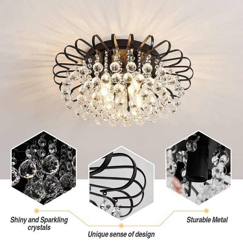 CVKASH Crystal Floral Chandelier 4-Light Antique Modern Black Flush Mount