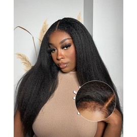 FACMOOD 4C Edges HD Lace Front Wig Human Hair Kinky Stairght, 13x4 Lace Frontal Kinkystraight Wigs with Kinky Edges Hairline Pre-Plucked 180% Density 28 inch