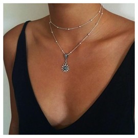 Andelaisi Boho Layered Sunflower Necklace Choke Silver Sun Pendant Necklace Vintage Sun Choker Necklace Silver Satellite Chain Necklace Jewelry for Women