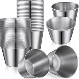 50 Pack Metal Ramekins Stainless Steel Sauce Cups Bulk Condiment Mini Dipping Cups Round Individual Small Reusable Commercial Grade Metal Sauce mini bowls for Restaurant Kitchen Ketchup(1.5 Oz, 2 Oz)
